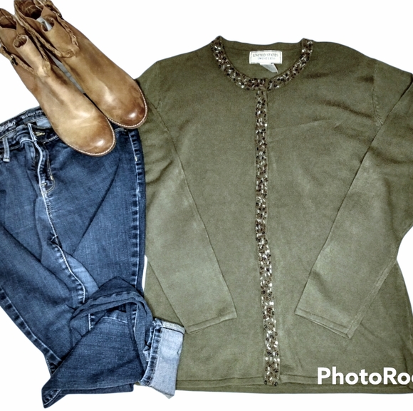 United States Sweater | Olive Green Embellished Cardigan | Small - Picture 3 of 7